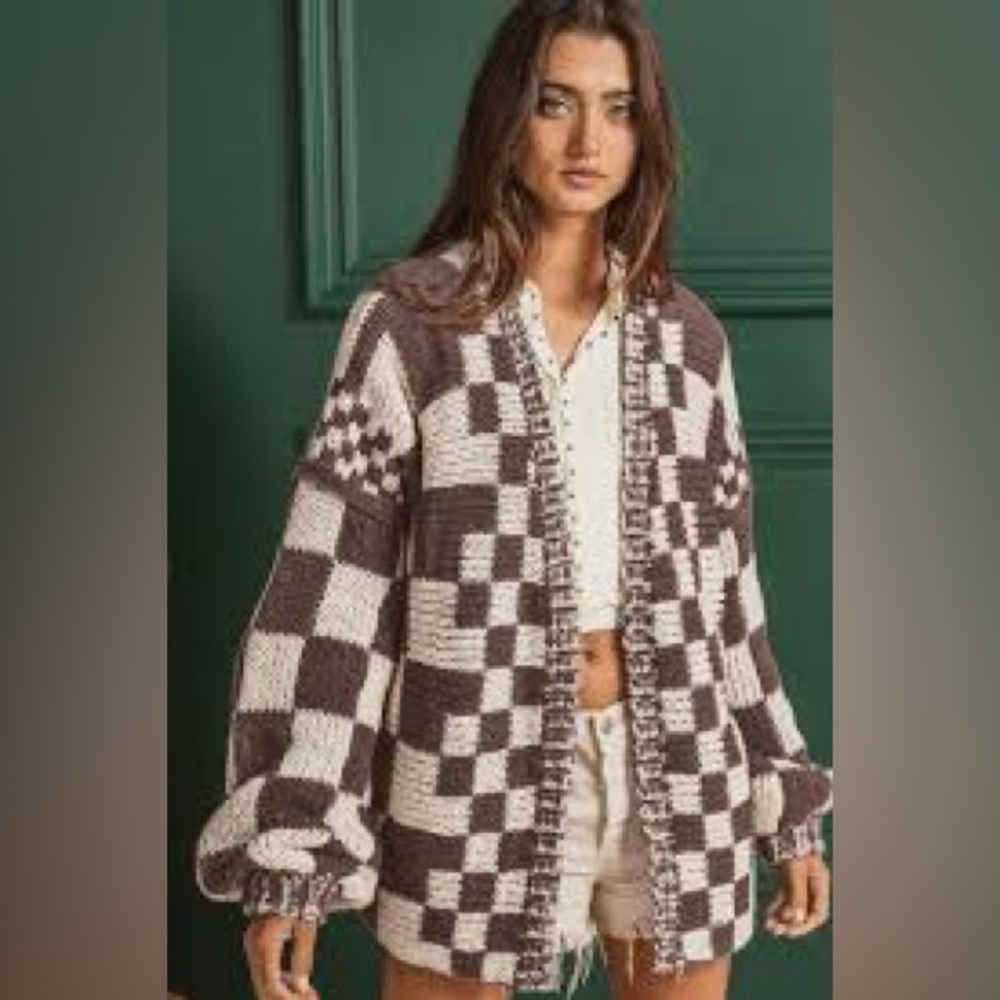 Bibi xl Checkered Knit Open-Front Sweater